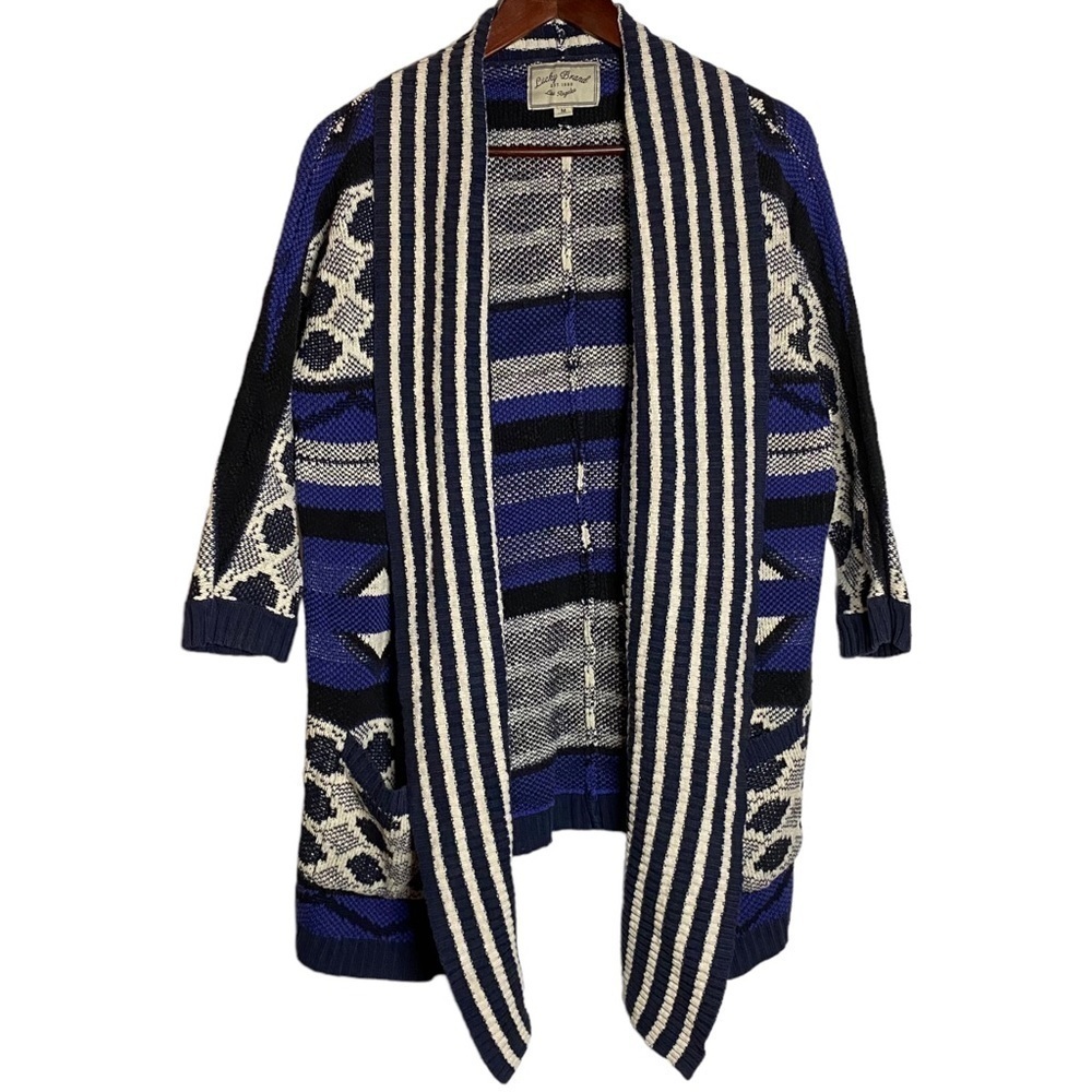 Lucky Brand Aztec Tribal Open Front Cardigan Pockets Oversized Drop Shoulders M